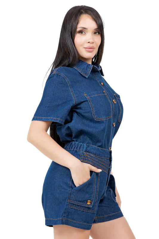 Front view of denim two piece set with short sleeves and high-waisted shorts for women.